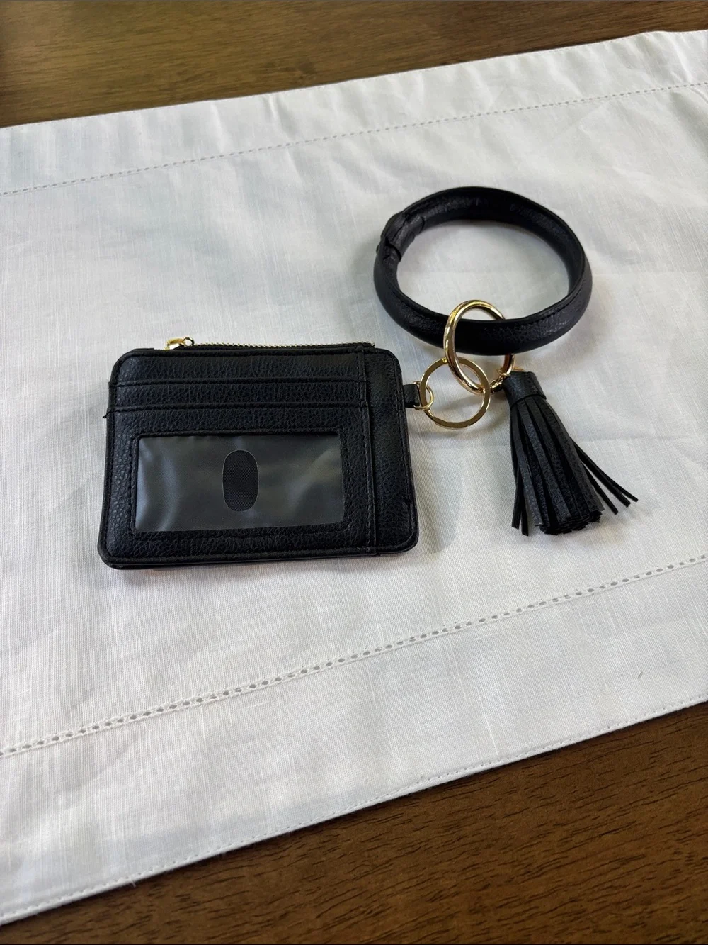 Black Leather Wristlet Card Holder with Tassel Keyring